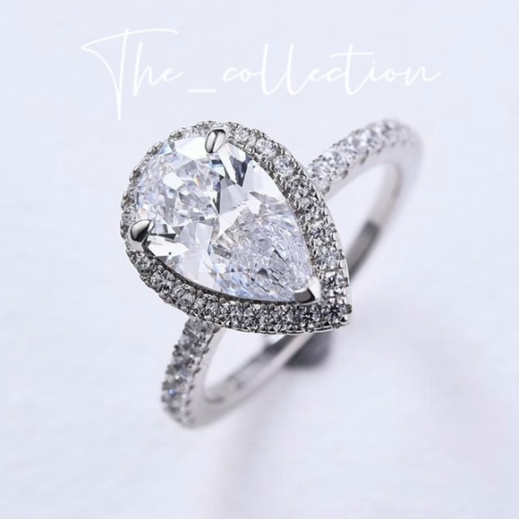 HALO PEAR CUT ENGAGEMENT RING IN STERLING SILVER - Picture 2 of 4